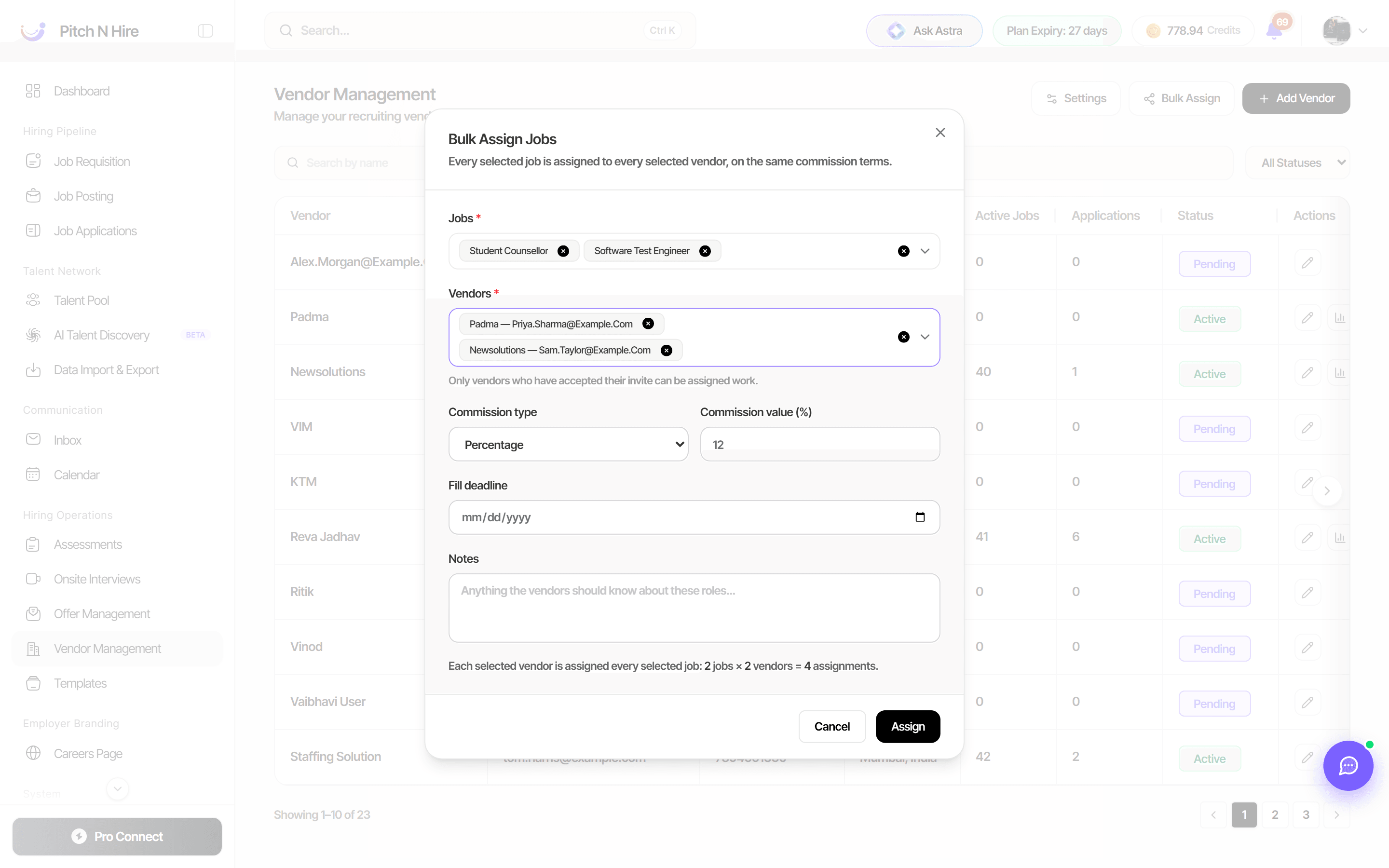 Bulk Assign Jobs dialog with multiple active jobs and multiple vendors selected, alongside commission type, fill deadline and notes fields