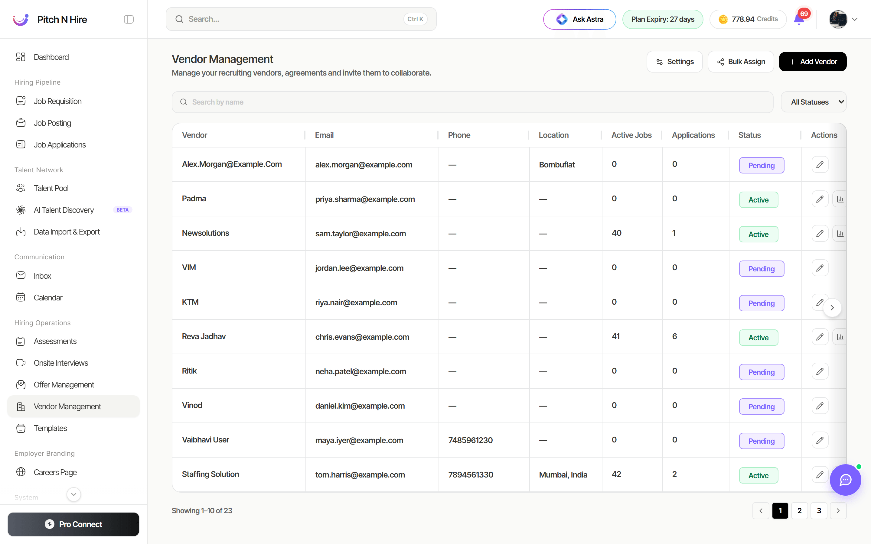 Vendor Management screen listing vendors with their email, phone, location, active jobs, applications and status, plus Settings, Bulk Assign and Add Vendor buttons